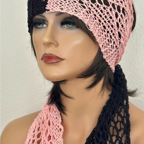 Hand Knits 2 Love Cotton Headband Bandana Scarf Lace Tassels Designer Black Pink main image 7